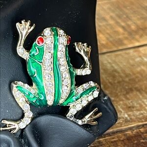 Green and Gold Frog Brooch with Rhinestones